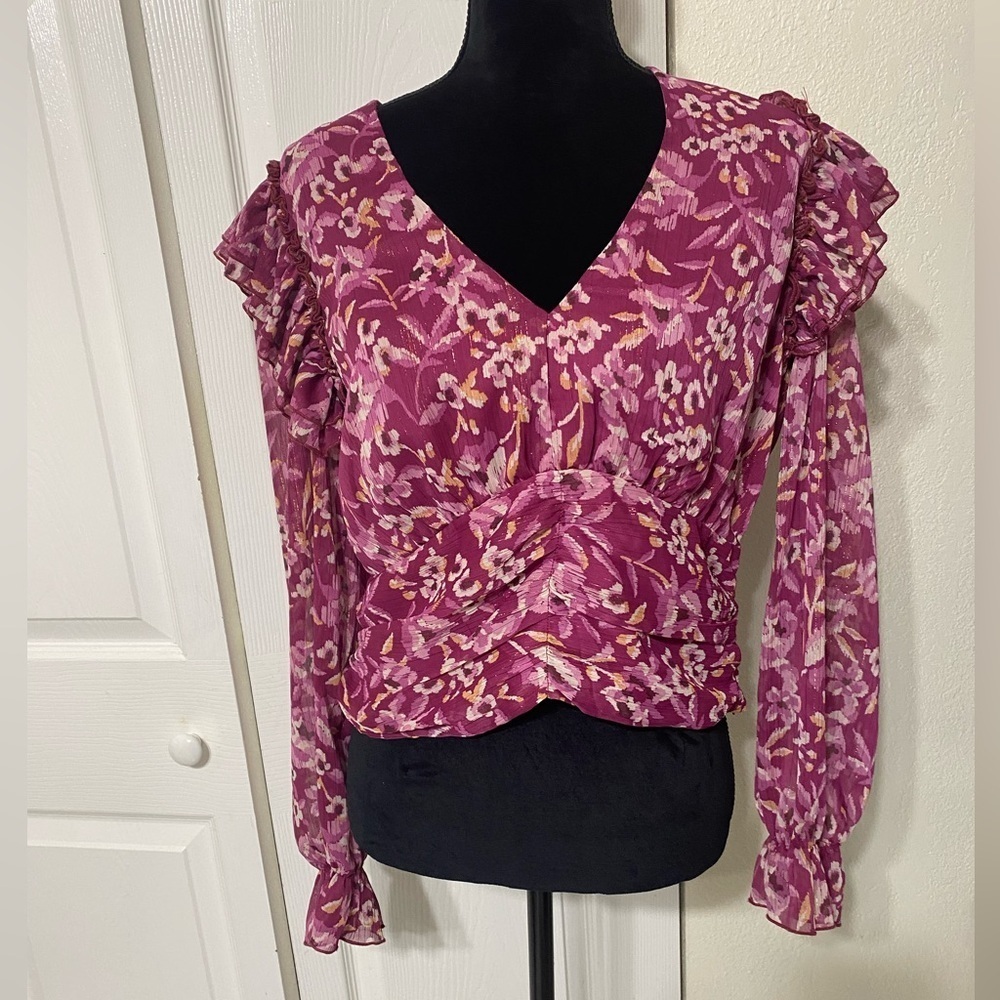 Aqua Floral V-Neck Blouse - Purple size L